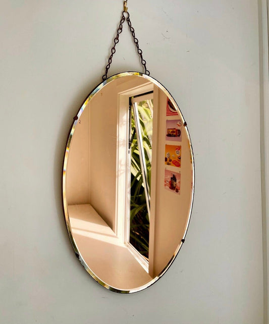 Art Deco mirror in a peachy pink color - amber tone antique beveled mirror
