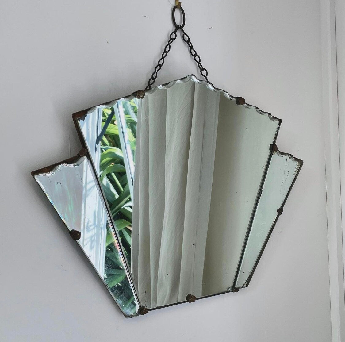 3 paneled fan shaped Art Deco mirror with piecrust beveled edges