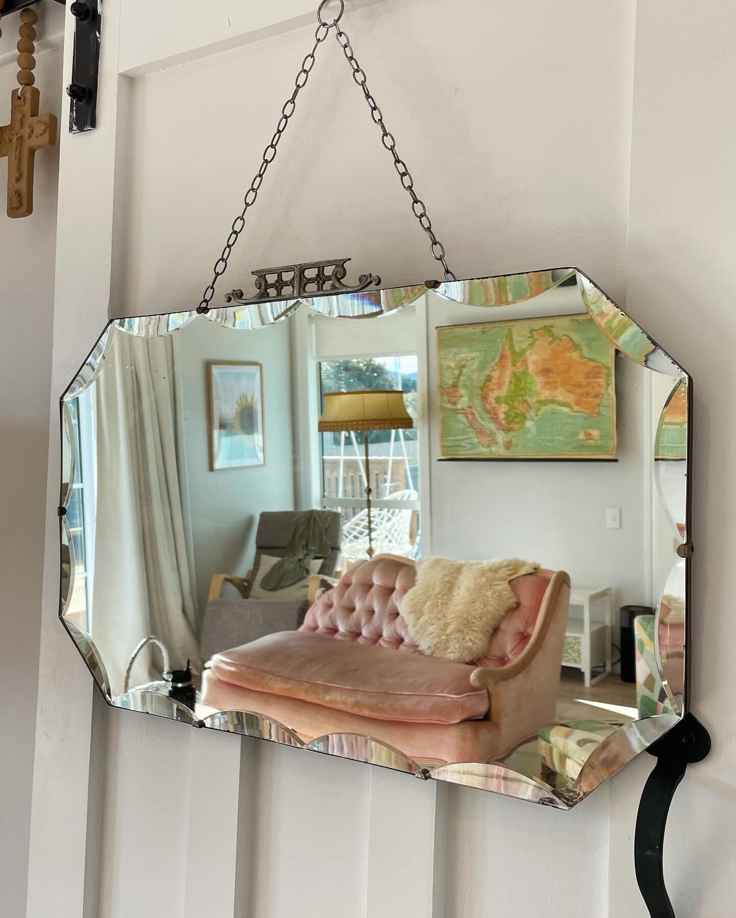 Extra Large antique mirror with beveled edges and decorative metal topper