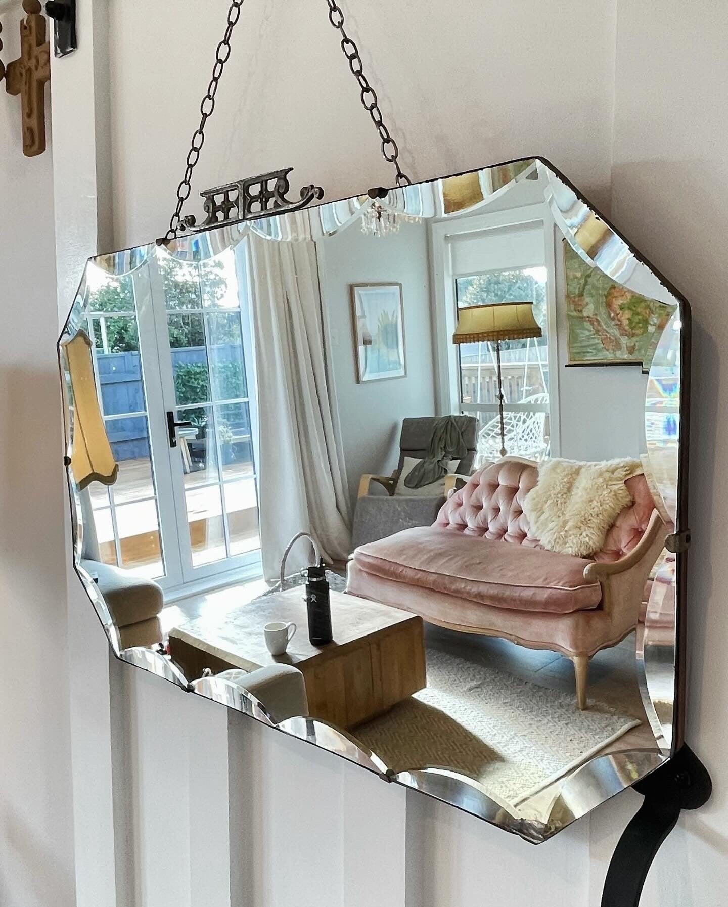 Extra Large antique mirror with beveled edges and decorative metal topper