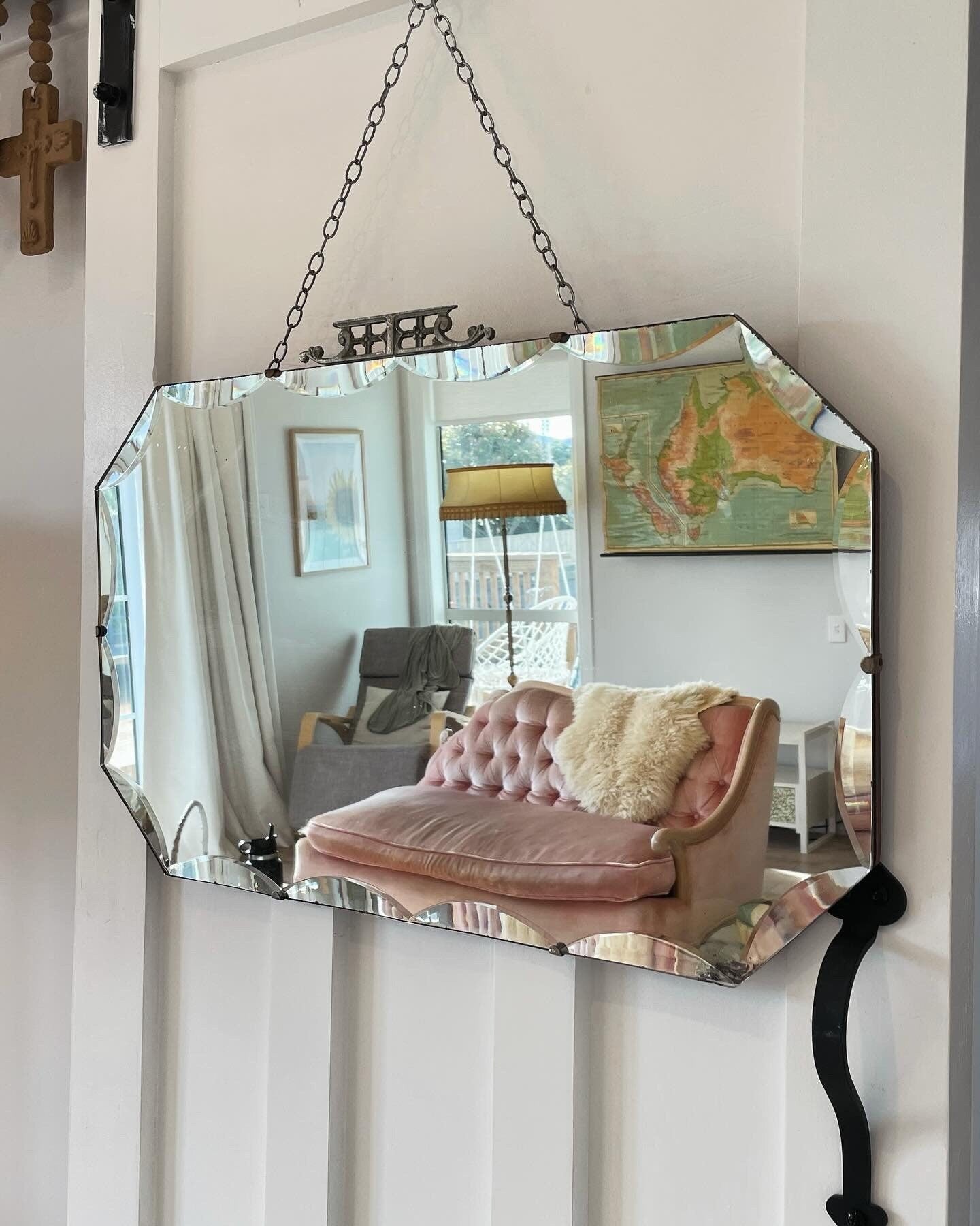 Extra Large antique mirror with beveled edges and decorative metal topper