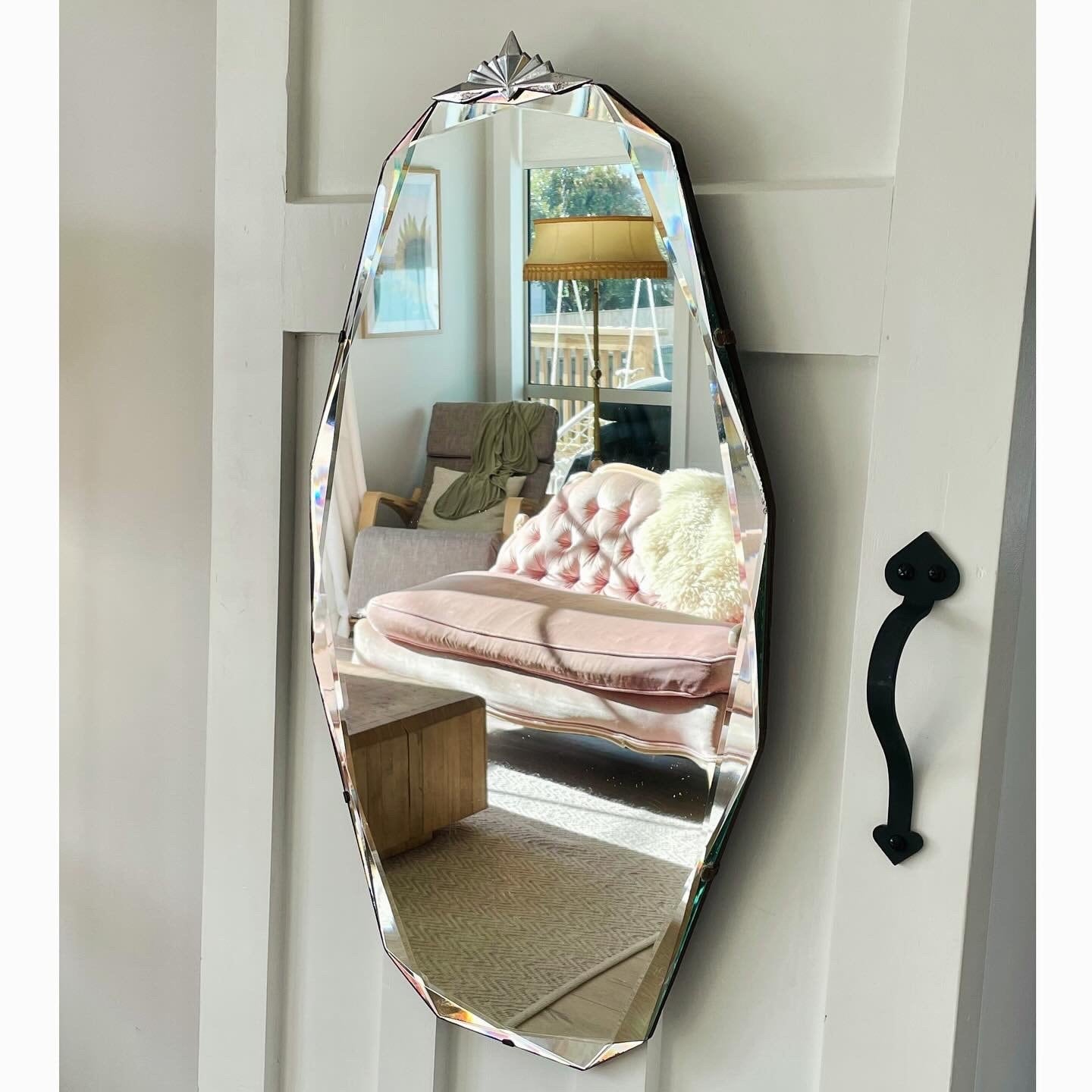 Stunning 12 sided Art Deco mirror with diamond faceted beveled edges and starburst crown topper