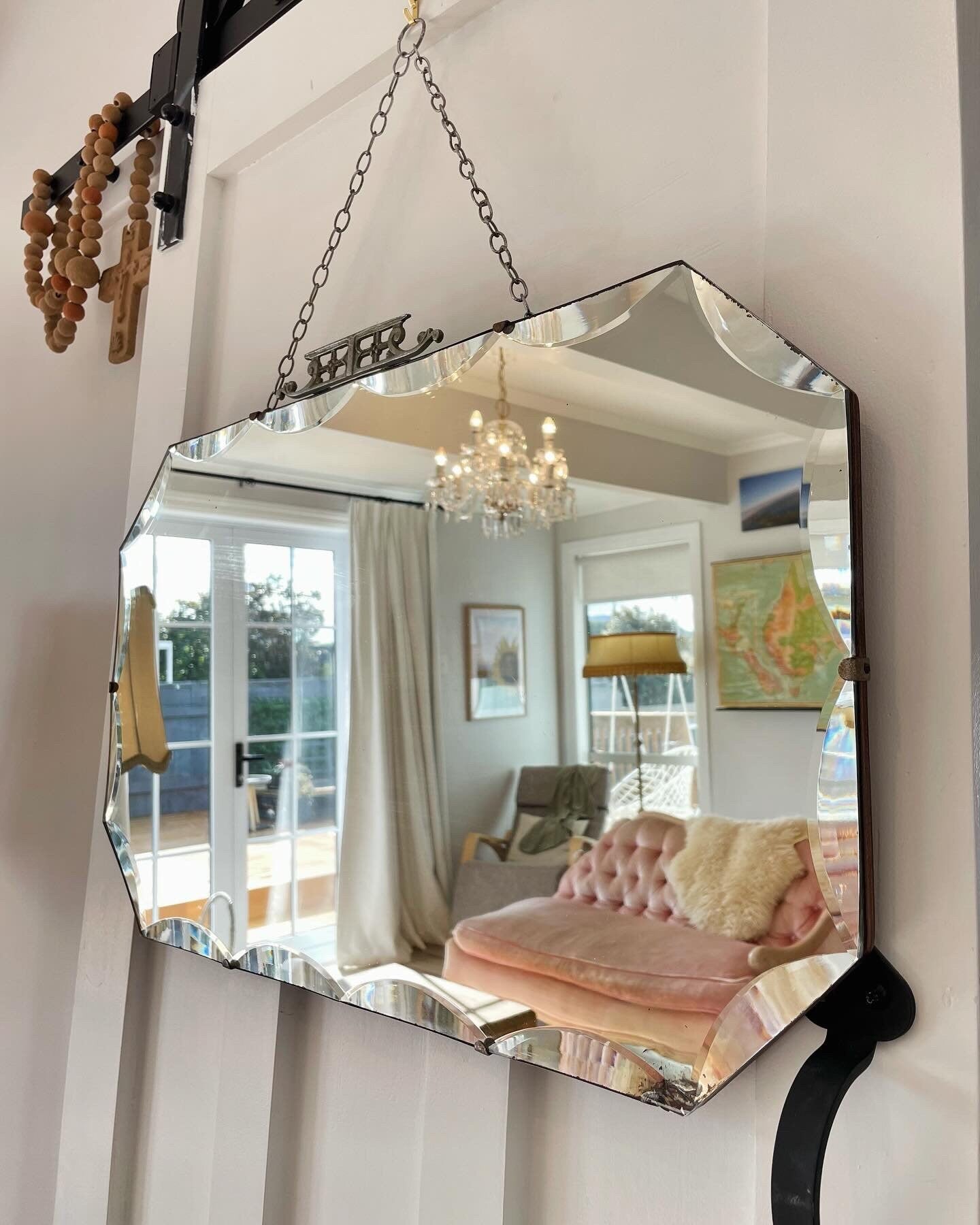 Extra Large antique mirror with beveled edges and decorative metal topper