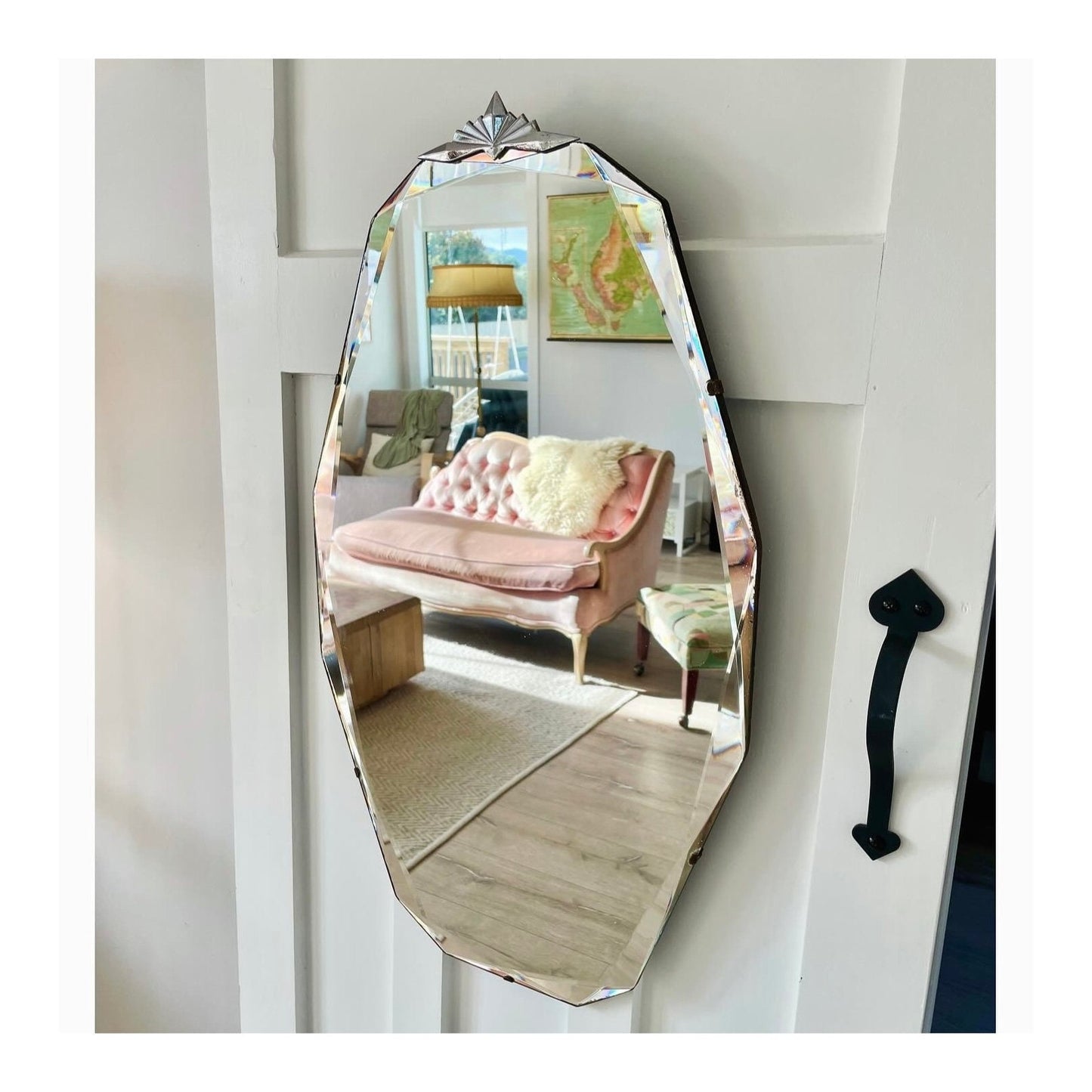 Stunning 12 sided Art Deco mirror with diamond faceted beveled edges and starburst crown topper