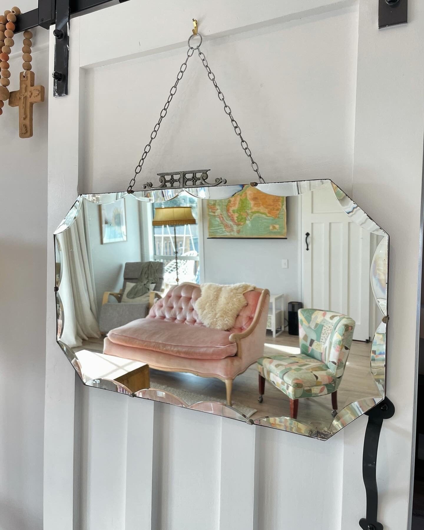 Extra Large antique mirror with beveled edges and decorative metal topper